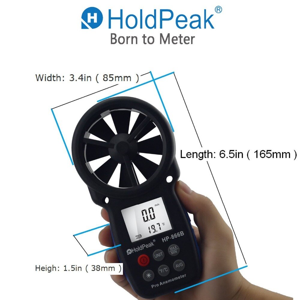 HoldPeak HP-866B Digital Anemometer Handheld Wind Speed Meter for Measuring Wind Speed Temperature and Wind Chill with Backlight