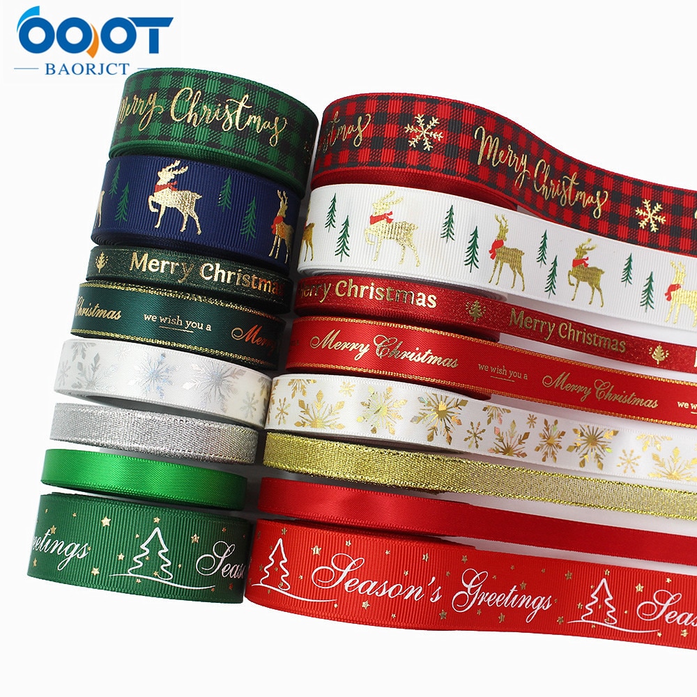 Kerst Lint 10 Yards Gedrukt Grosgrain Organza Satijnen Linten Metallic Glitter Stof Linten 20702