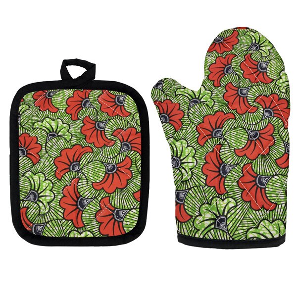 Set Van 2 Afrikaanse Etnische Tribal Bloemen Keuken Koken Magnetron Handschoenen Mitts Pot Pad Heat Proof Beschermd Thuis Bakken pads: HTAE010D19