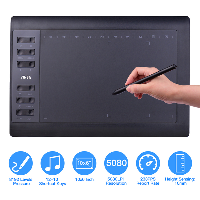 10x6" Graphics Drawing Tablet 12 Express Keys 8192 Levels Battery-Free Stylus/8pcs Nibs/Pen Clip Support PC/Laptop