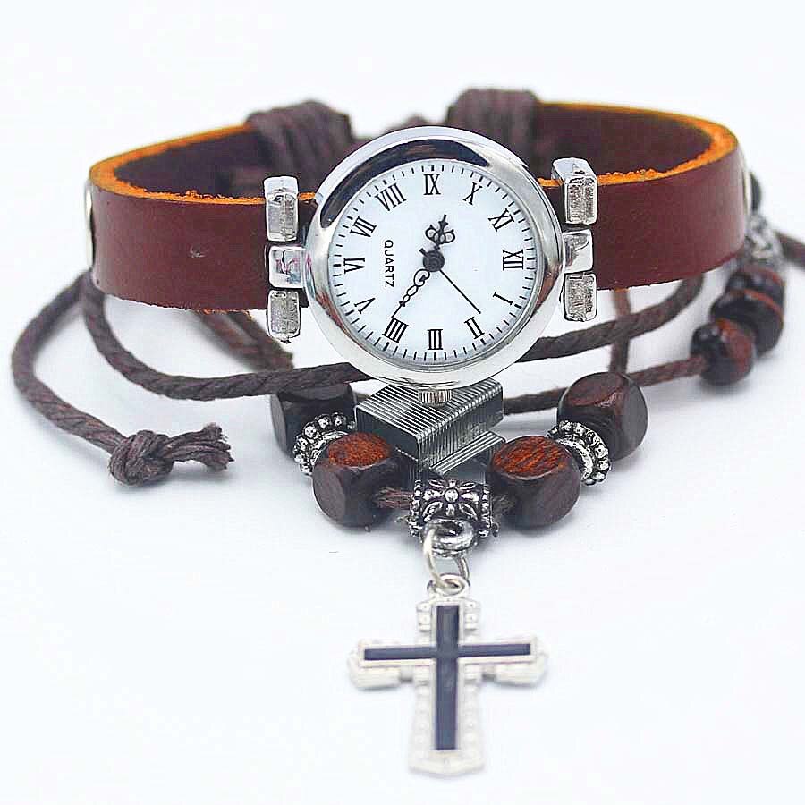 shsby unisex ROMA vintage watch leather strap bracelet watches Religious cross women dress watches silver female wristwatch: light brown