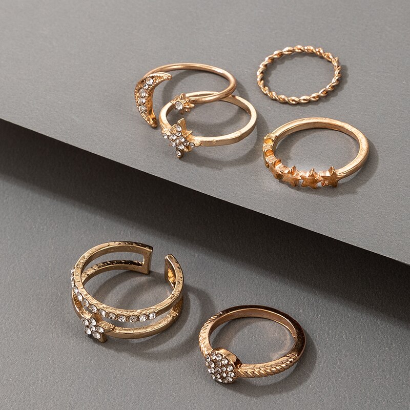 Docona 6 unids/set Bohemia Luna estrella conjuntos de anillos para nudillos para las mujeres de cristal encantador anillos para articulaciones Mujer Accesorios de la joyería de Bijou