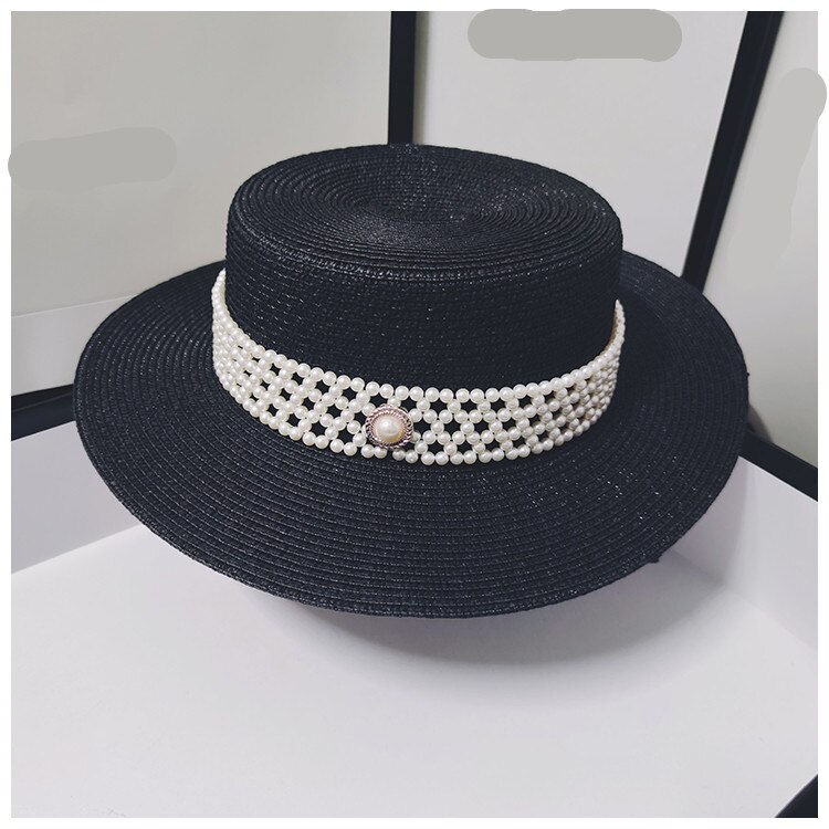 Chapeau français avec ruban de perles pour femme, casquette fedora, jazz, panama: Black