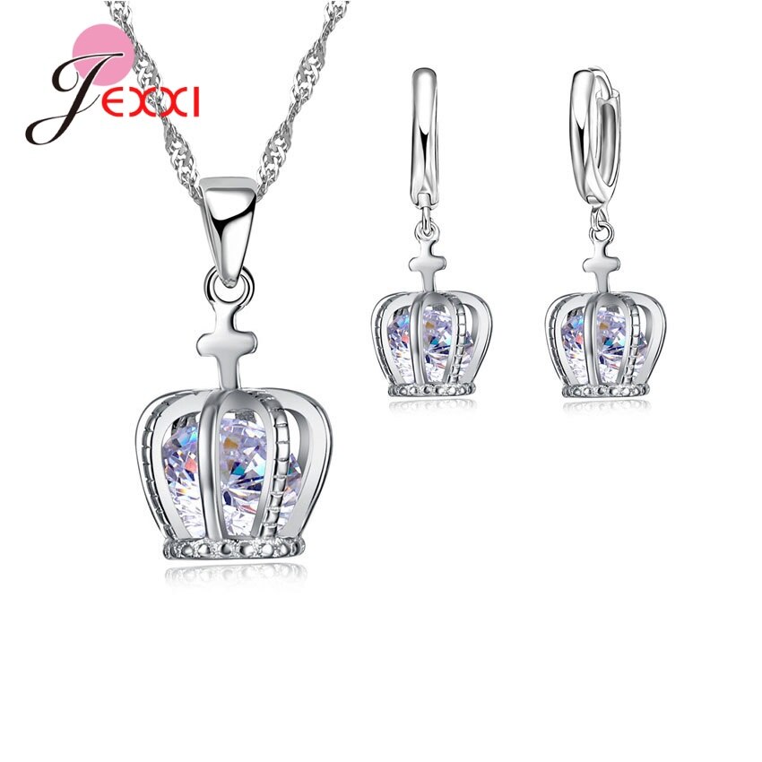 Conjunto de joias prata esterlina 925, joias da moda com coroa cruzada: White
