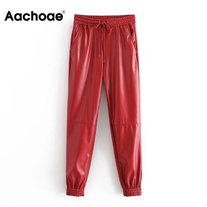 Aachoae dames lange pu leren broek met trekkoord, sportieve stijl, lange joggingbroek voor dames, baggy casual kokerbroek, damesbroek