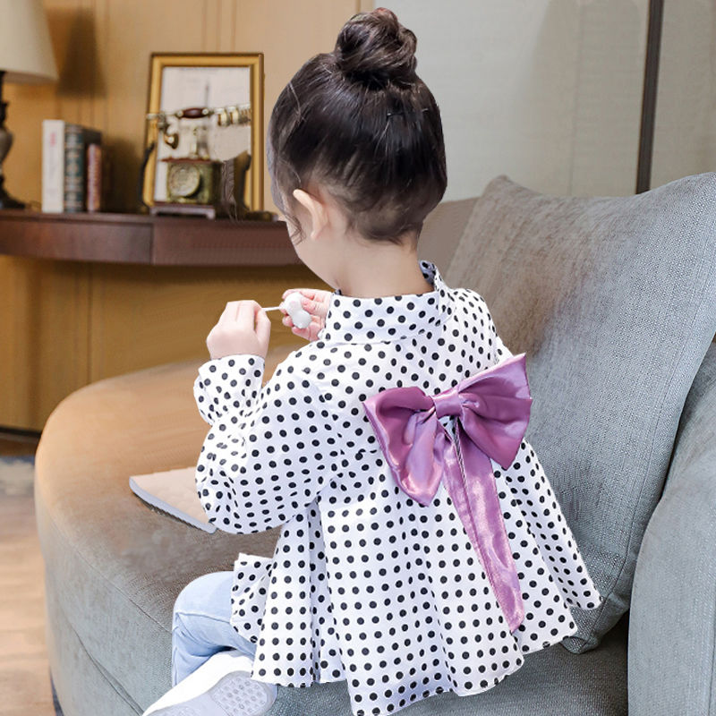 Blusa de manga larga con estampado de puntos para niñas de primavera, camisetas con lazo para niñas de chico y bebé, camisetas para niños de otoño, dulce camisa suelta, ropa A08