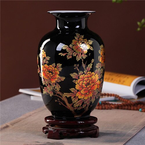 Chinese Style Vase Jingdezhen Black Porcelain Crystal Glaze Flower Vase Home Decor Handmade Shining Famille Rose Vases: color  04