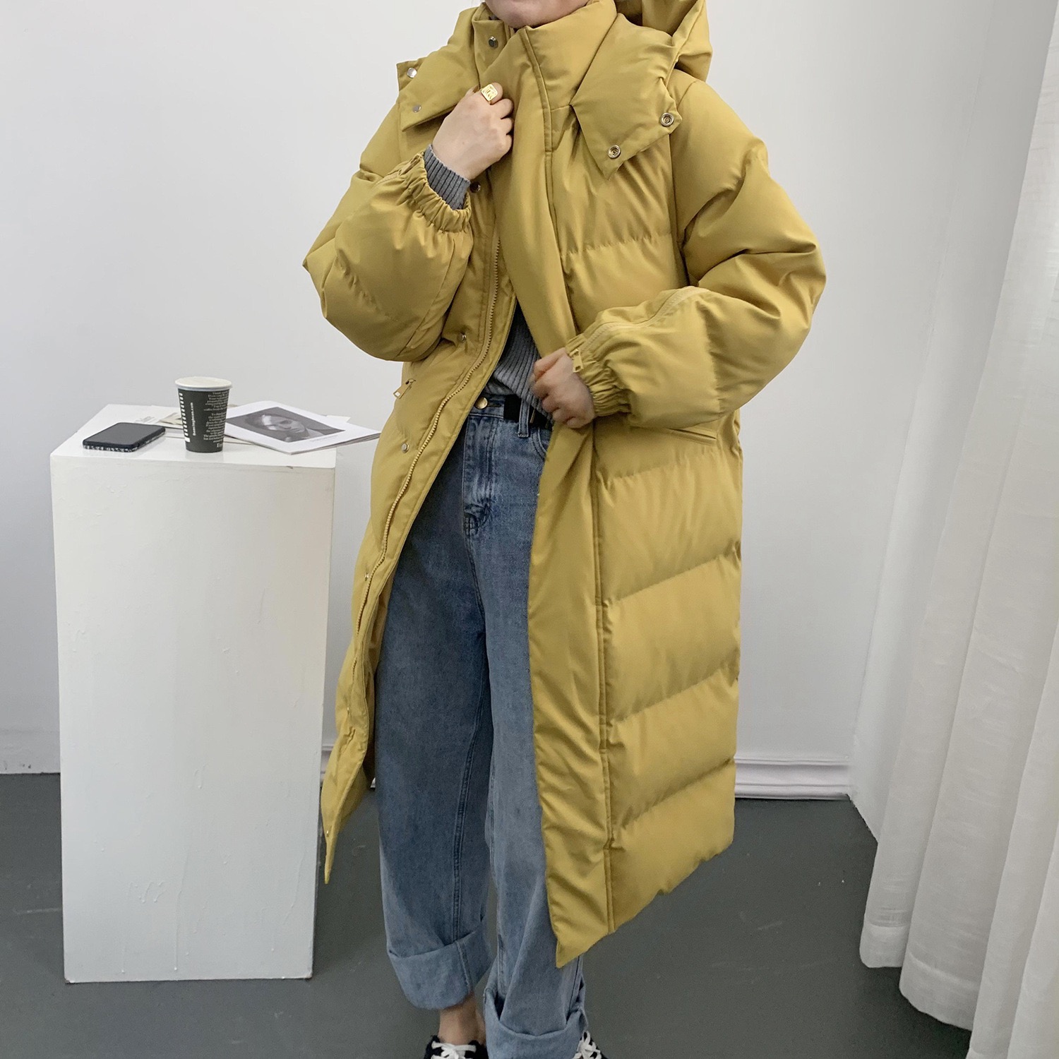autumn and winter Korean down padded jacket loose and thick super long parker padded jacket: Yellow / S
