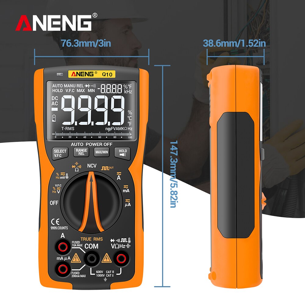 Aneng  q10 digitalt multimeter 9999 tæller tester trms strømspændingsmåler diy transistorkondensator ncv testere strømmåler: Orange