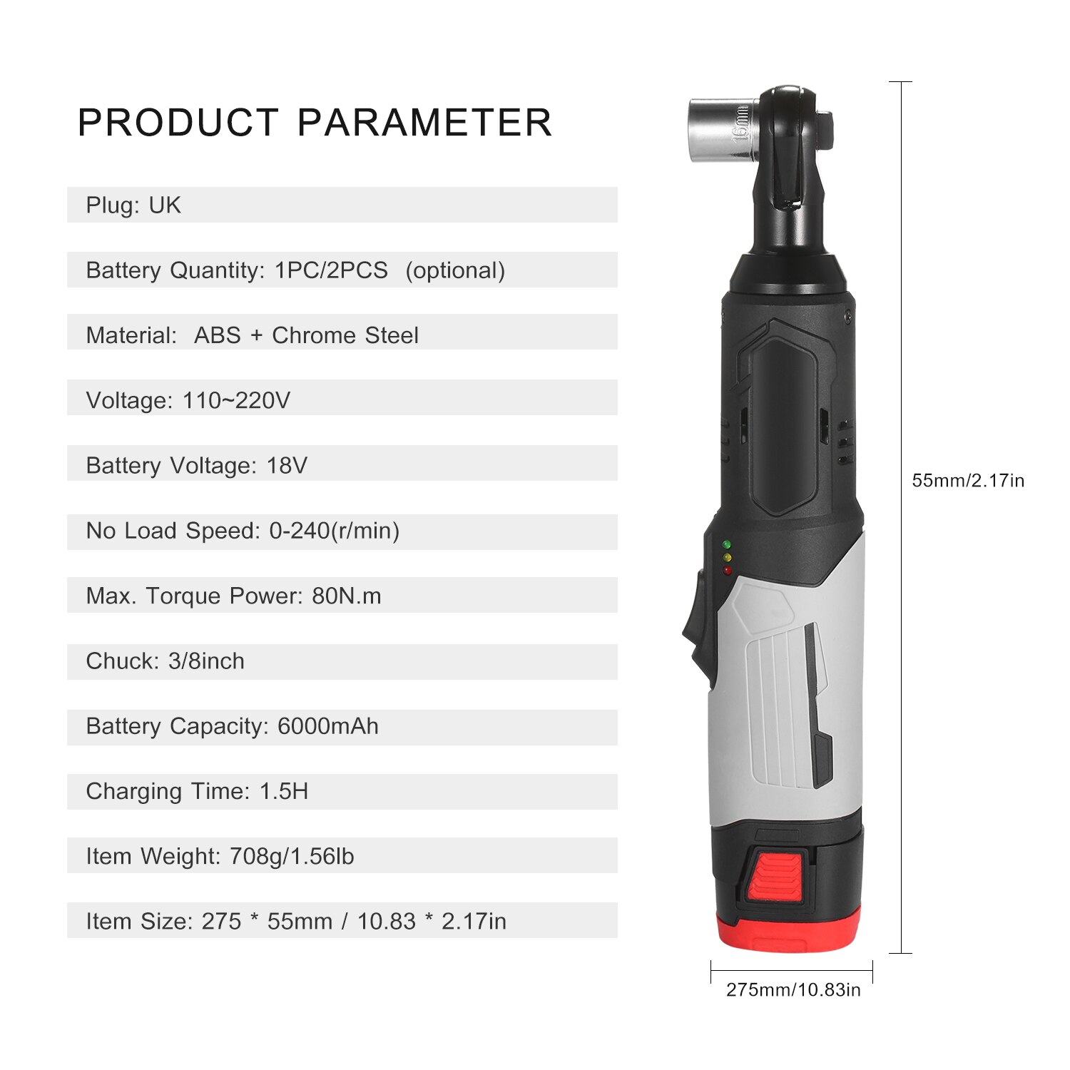 Llave de trinquete eléctrica inalámbrica de 3/8 pulgadas, 80 n.m, 240RPM, 18V, Kit de Llave de trinquete de potencia con 2 baterías de iones de litio 6,0ah
