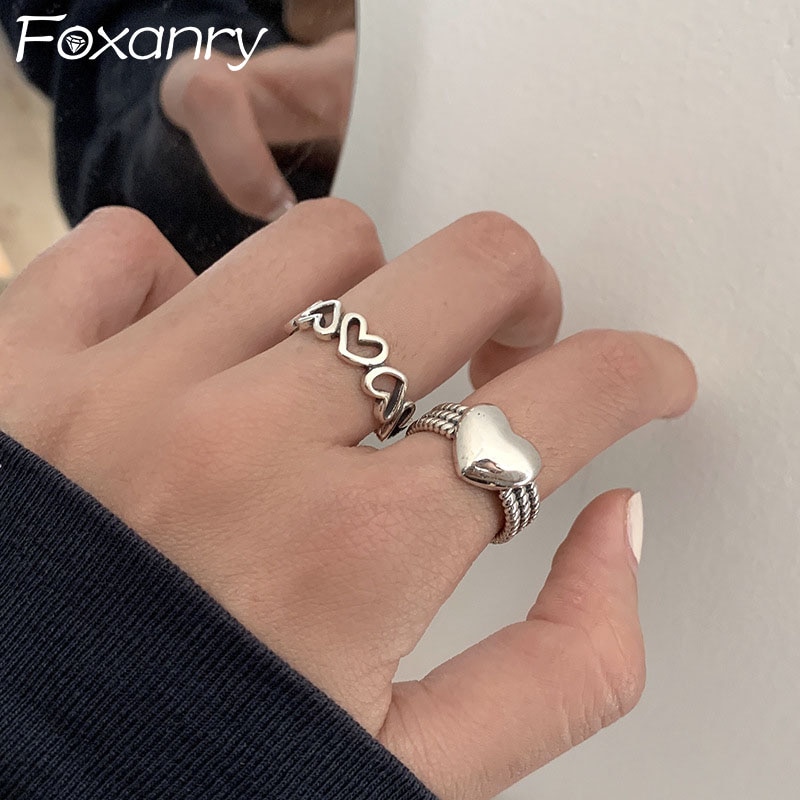 Foxanry 925 Sterling Zilver Liefde Hart Ringen Voor Vrouwen Koppels Mode Vintage Punk Hollow Geometrische Partij Sieraden