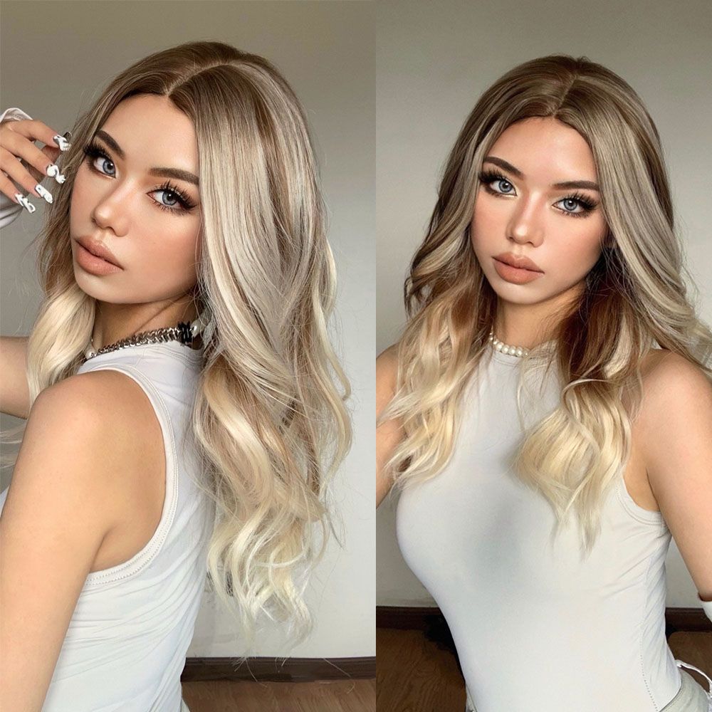 Haircube lang bølget syntetisk parykk lys blond parykker til kvinder med pandehår naturlig hårgrænse varmebestandig fiber paryk daglig fest paryk: Lyserød