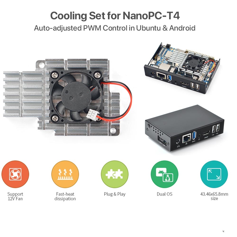 Dissipateur de chaleur NanoPC-T4 avec ventilateur, boîtier en métal, support pour PWM auto-réglage Android Ubuntu