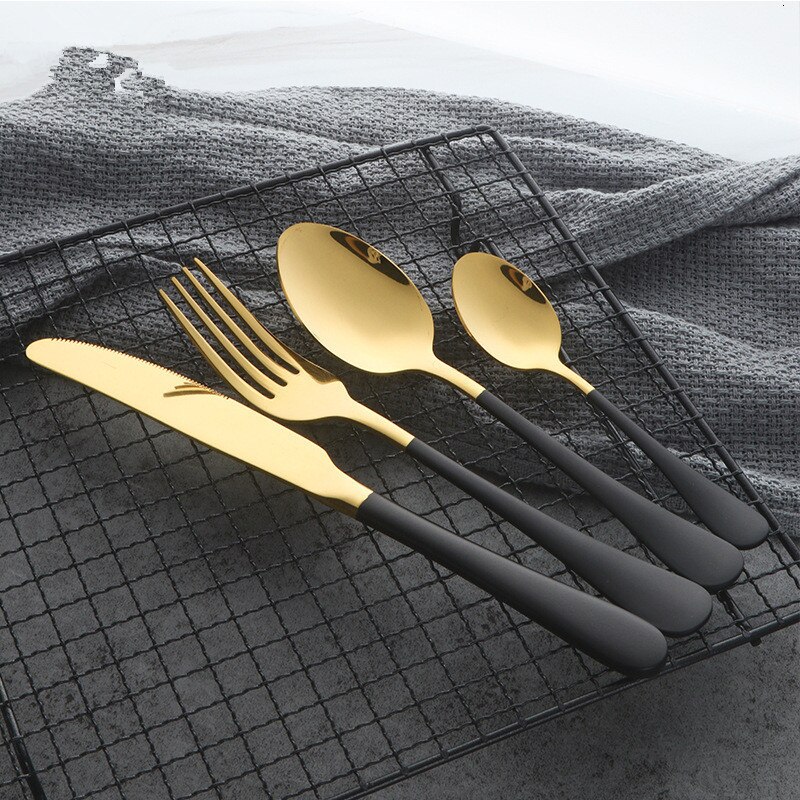 Black Gold Cutlery Set 18/10 Stainless Steel Fork Spoon Knife Set Mirror Tableware Set Portable Kitchen Spoon Silverware Set: black gold