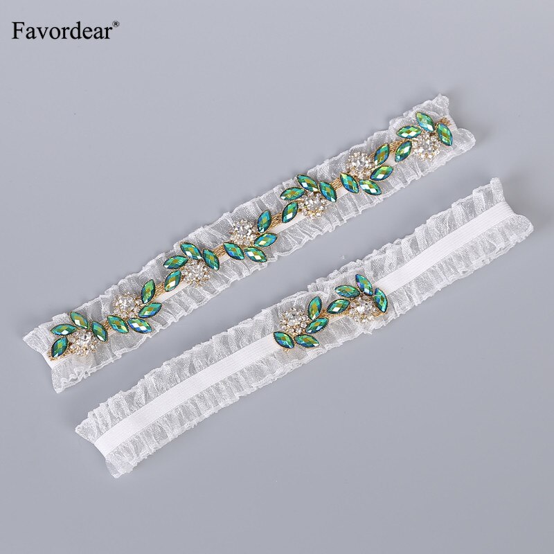 Favordear White Elastic Band Leg Ring Wedding Garter with Green Beading 2 PC Stocking Bridal Garter for Women/Bride