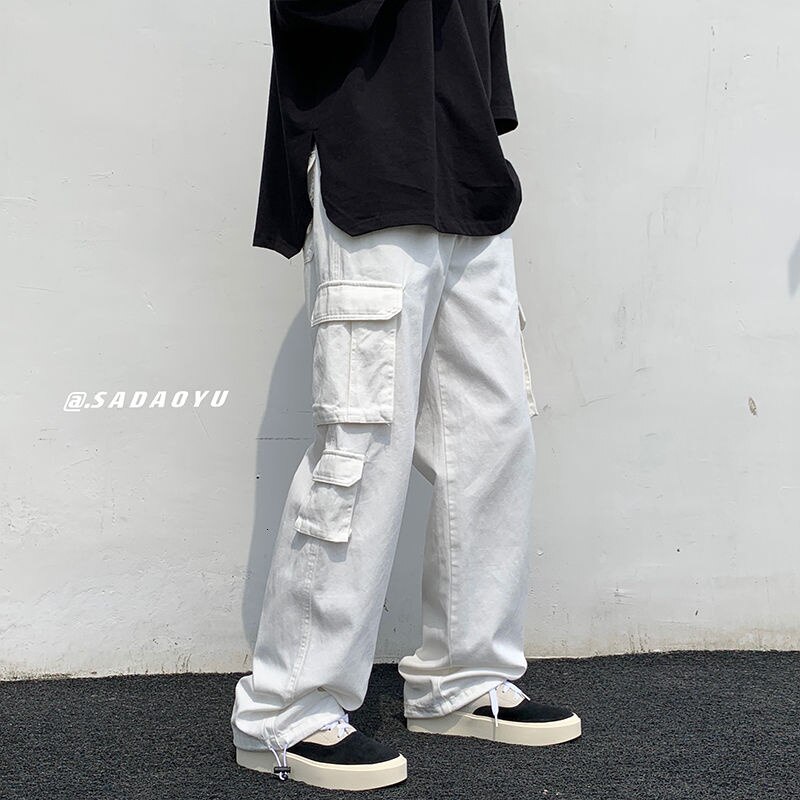 Pantalon Cargo en coton blanc et noir pour homme, multi-poches, décontracté, Streetwear, ample, Hip-hop, droit: XL / White