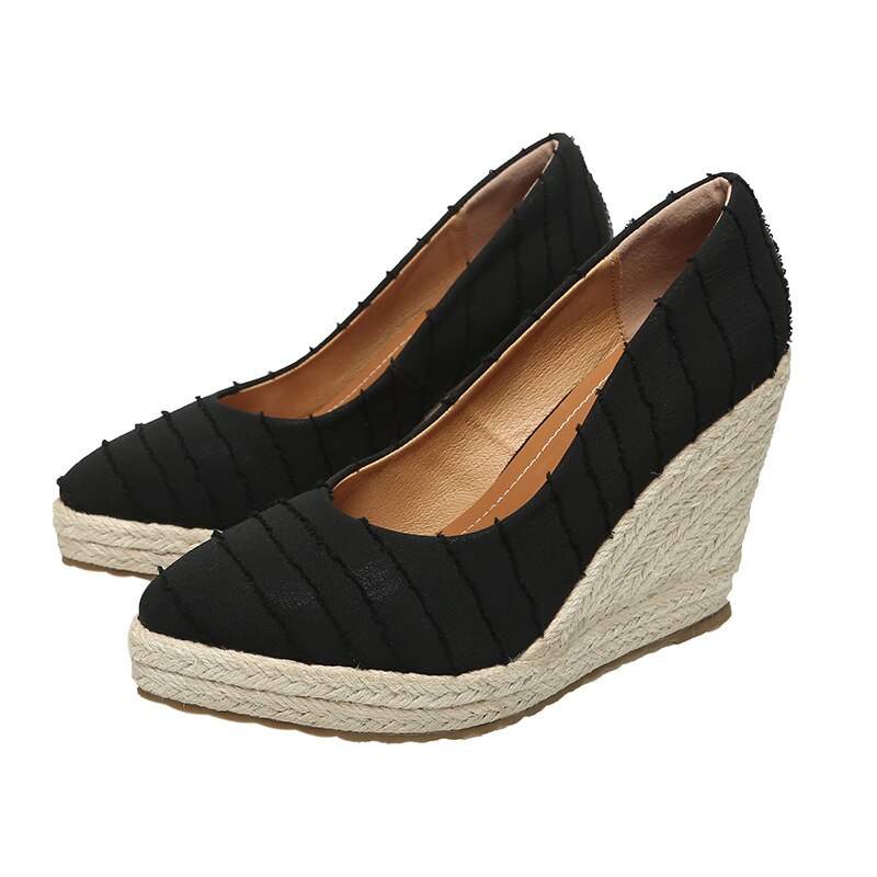 Espadryle damskie sandały na koturnie 2021 wiosenny i jesienny nowy płytkie usta wysokie buty na grubym obcasie platformy damskie słomiane tkane: black 10cm / 35