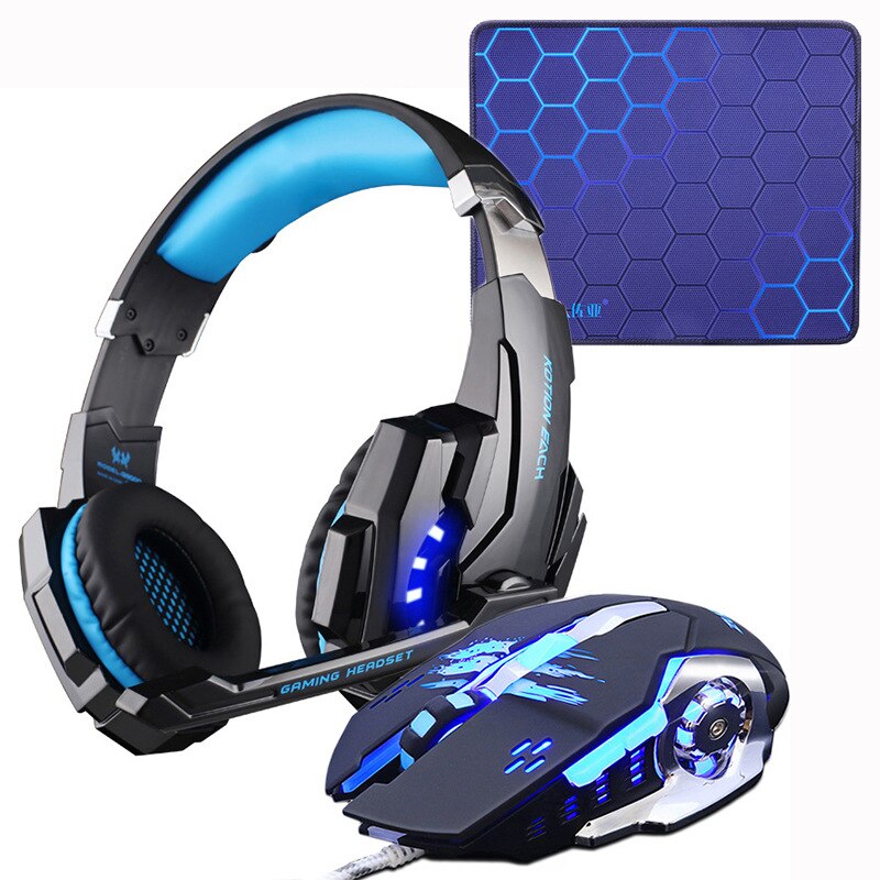 Gaming Headset Hoofdtelefoon + Wired Gaming Mouse Muizen 4000 dpi Bass stereo Gamer Oortelefoon + Gaming muismat Combinatie Voor laptop PC: G9000 blue Pad Mouse