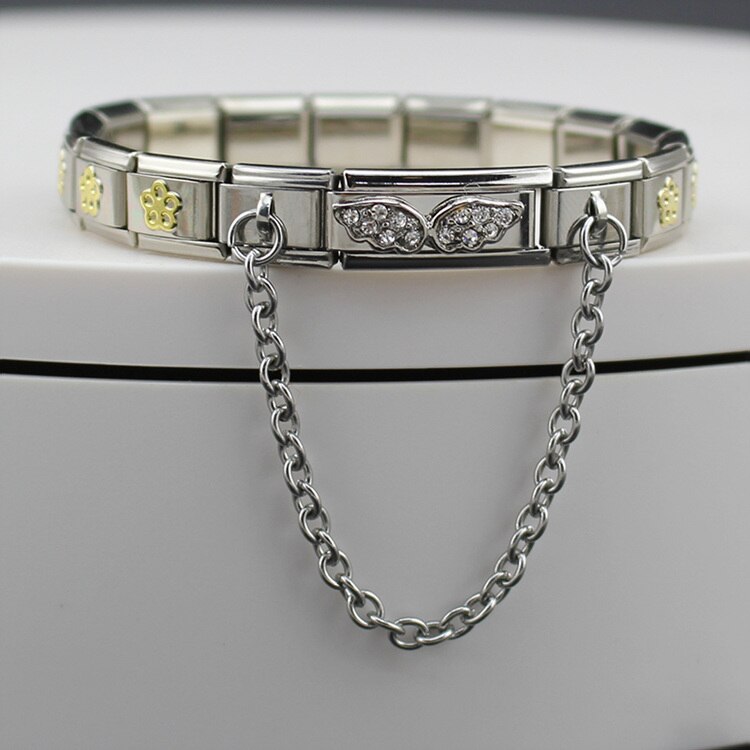 Glücks-Armbinde für damen aus edelstahl, 9mm- teilig, mit flügelgliedern, blumen- und herzanhänger, armreif, schmuck  g64-10: D