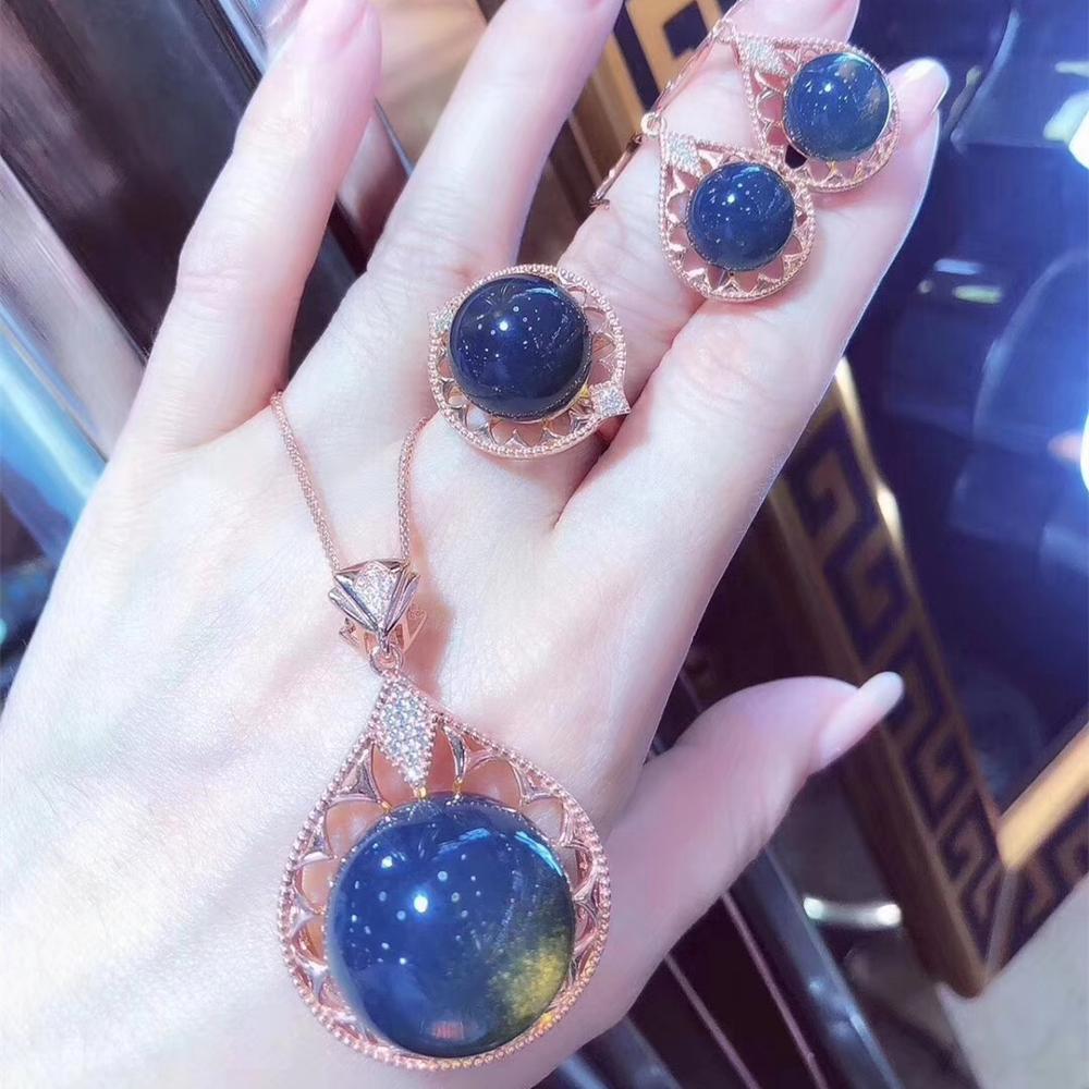 KJJEAXCMY fine jewelry natural Blue amber 925 sterling silver women pendant necklace chain earrings ring set support test luxury