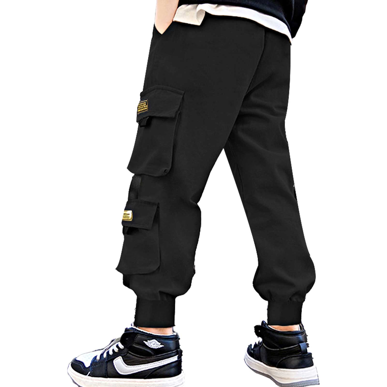 Pantalones Cargo de para niños, ropa de calle negra de chándal, Hip-Hop, con múltiples bolsillos, informal, 6, 8, 10, 12 años: Black / 140