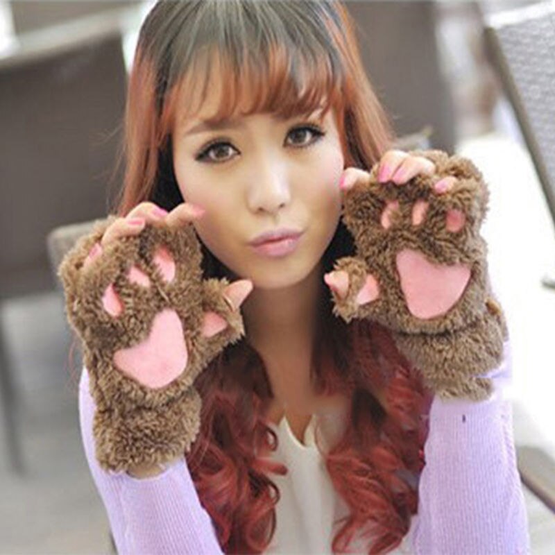 Winter Lovely Women Cat Claw Paw Mitten Plush Glove Costume Cute Winter Warm Half Finger Gloves Women Female Gloves Mitten: khaki