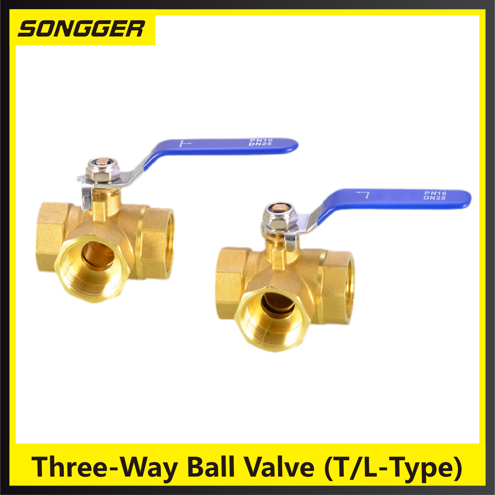1/4 3/8 1/2 3/4 1 tomme messing 3- vejs ventil t-type l-type indvendig gevind kugleventil afspærring til vand, gas, hvac og vvs