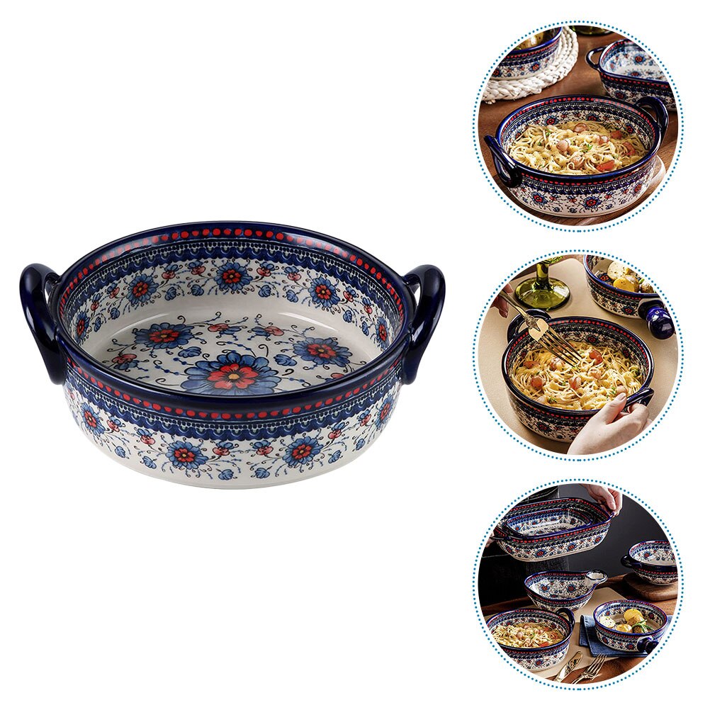 Baked Rice Serving Bowl Double Handle Ceramic Bakeware Condiment Mixing Bowl