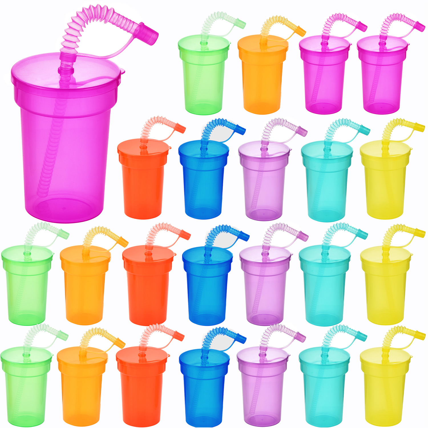 Tazas Sipper de neón: tazas coloridas y a prueba de derrames con tapas y pajitas, ideales para eventos escolares, fiestas temáticas y fiestas de cumpleaños