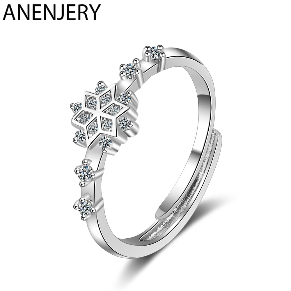 Anenjery Vintage Sneeuwvlok Ring Voor Vrouwen Meisje Zirkoon Bloem 925 Stempel Zilver Kleur Verstelbare Ring S-R95