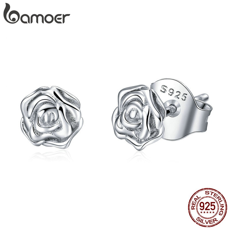 BAMOER Authentic 925 Sterling Silver Romantic Rose Flower Stud Earrings for Women Sterling Silver Jewelry BSE012