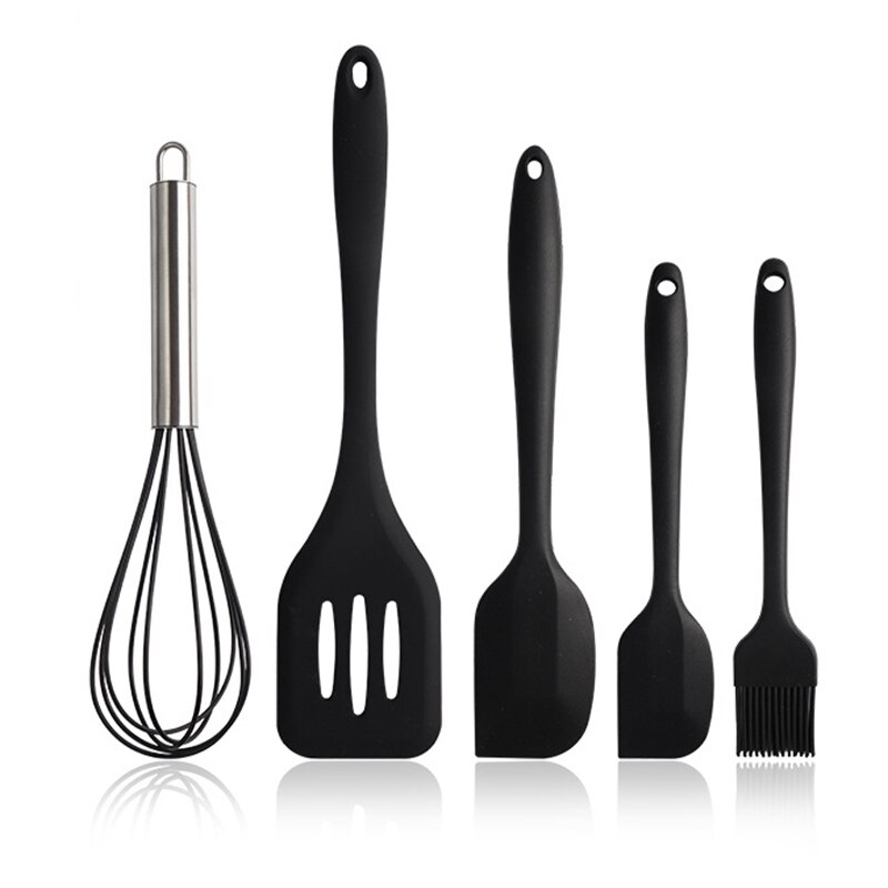 5 PCS Silicone Cooking Utensils Set Non-Stick Spatula Shovel Wooden Handle Cooking Tools Set Kitchen Tools: Black