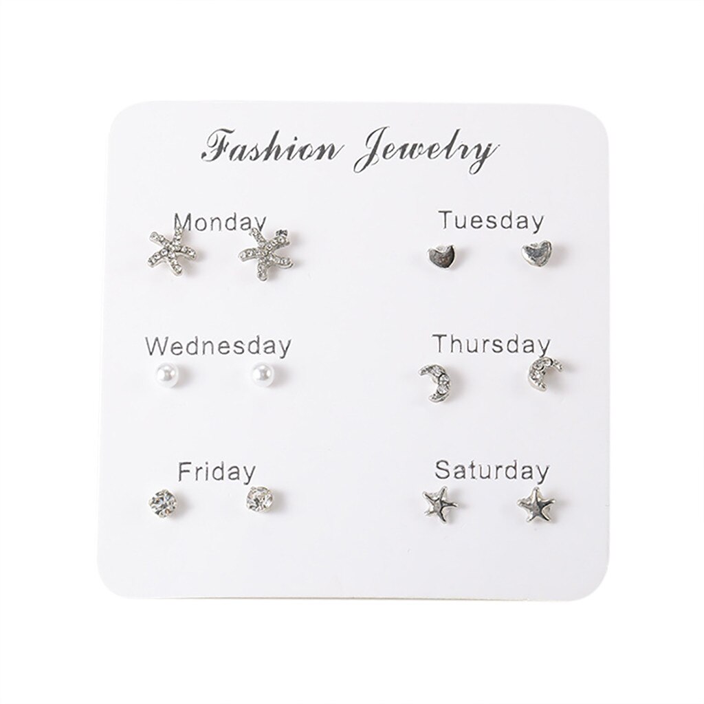 Women Heart Star Mini Earrings Set Girl Small Jewelry Square Leaf Pearl 6-pairs Stud Earring Sets Lady Mini Jewelry: B