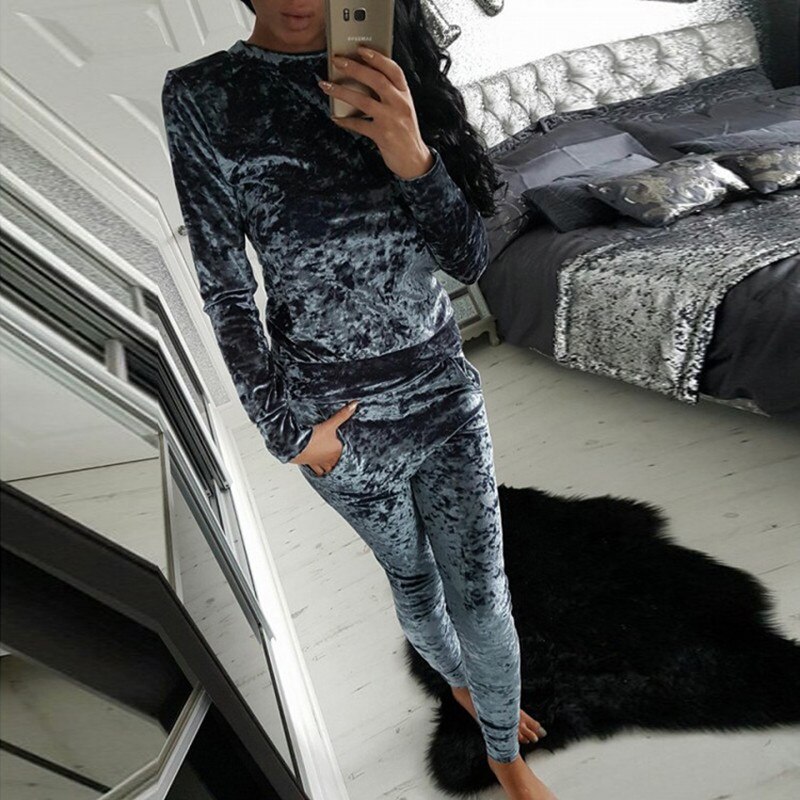 Autumn Women Warm Velvet 2 Two Piece Set Tracksuit Velor Smooth Soft Home Suit Women Fitness Set: gray / M