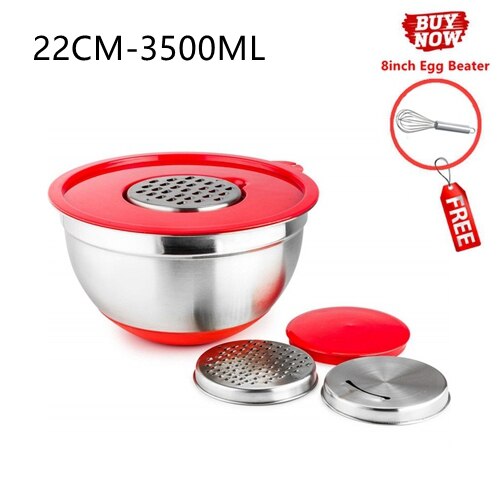 Stainless Steel Ingredients Standby Bowls Mixing Bowl Non-Slip DIY Cake Bread Salad Mixer Food Container With Grater/Egg Beater: 22cm