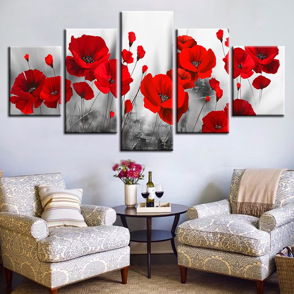 Canvas Gedrukt Foto Woonkamer Wall Art Frameloze 5 Stuks Romantische Klaprozen Schilderijen Rode Bloemen Poster Modulaire Home Decor