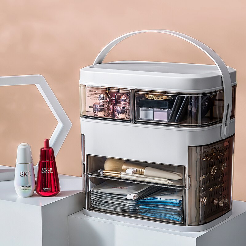 Organizador de maquillaje con espejo de tocador, espejo de maquillaje con luz LED ajustable, joyería, lápiz labial, contenedor cosmético, resistente al agua