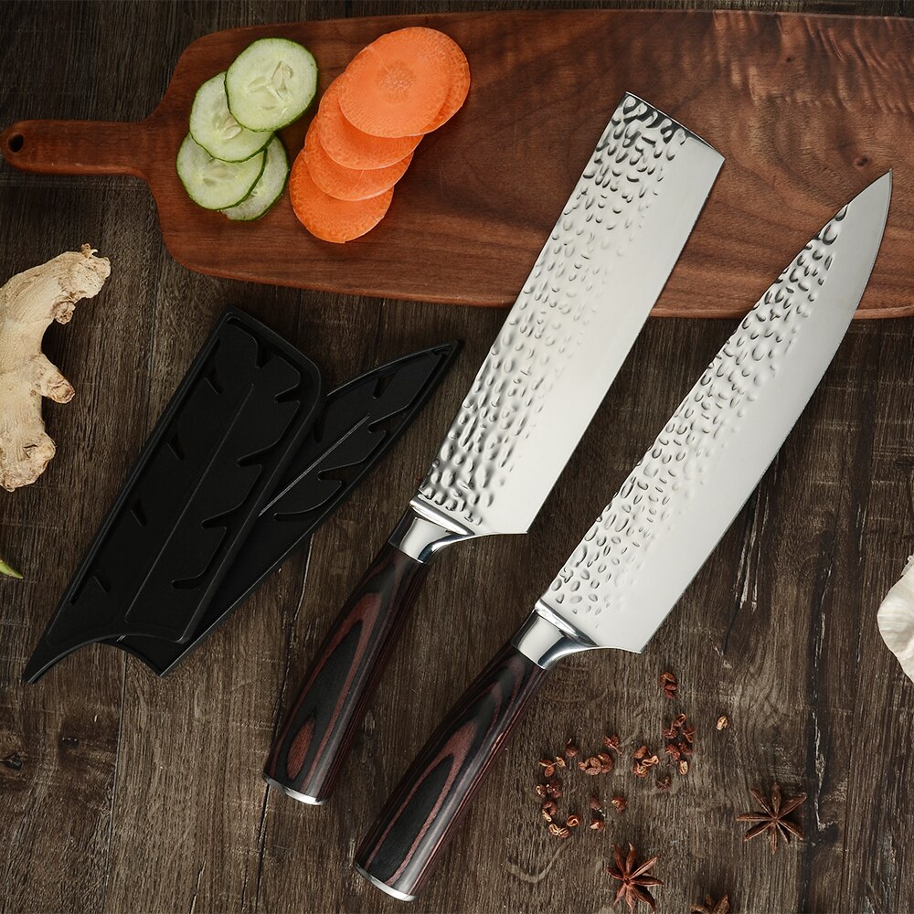 XYj 4 Pcs Forged Kitchen Knives Set 7cr17 Stainless Steel Blade Color Wood Handle Nakiri Cleaver Chef Knife Sheath Cover