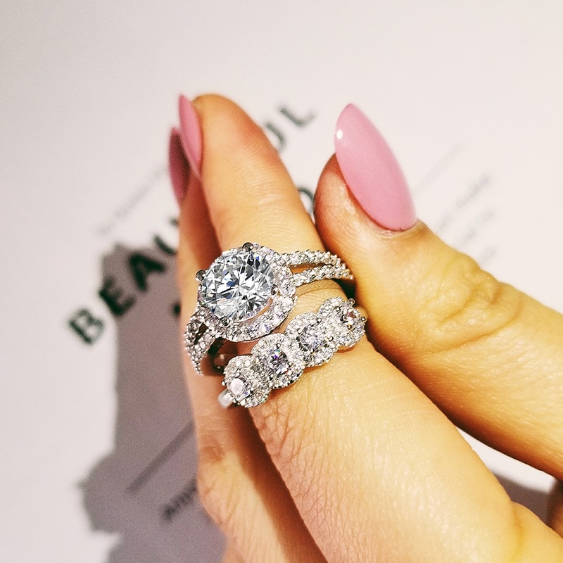 luxury round 925 sterling silver wedding ring set for women lady anniversary jewelry bulk sell R5129