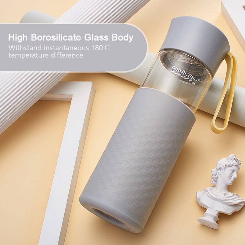 Pinkah glas vattenflaska bpa fri hög borosilikat glas tekopp läckagesäker bärbar med skyddande silikonfodral 400/500ml: Ljusgrå / 400ml