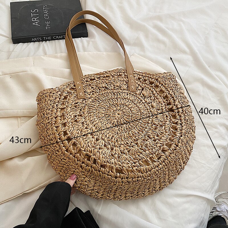 Vierkante Stro Strandtas Handgemaakte Geweven Schoudertas Vrouwen Raffia Shopper Reistas Bohemian Zomervakantie Casual Handtas Totes: c-khaki