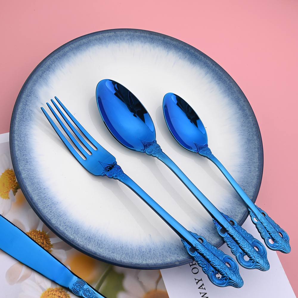 24Pcs Blue Cutlery Set Knives Fork Tea Spoon Dinner Tableware 304 Stainless Steel Dinnerware Set Kitchen Flatware Silverware