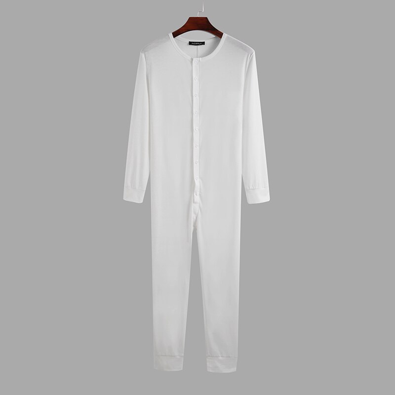 Leisure Heren Zomer Pyjama Jumpsuit Solid Nachtkleding Lange Mouwen Knop Nachtkleding O Neck Fitness Homewear Rompertjes Incerun S-5XL: White / S