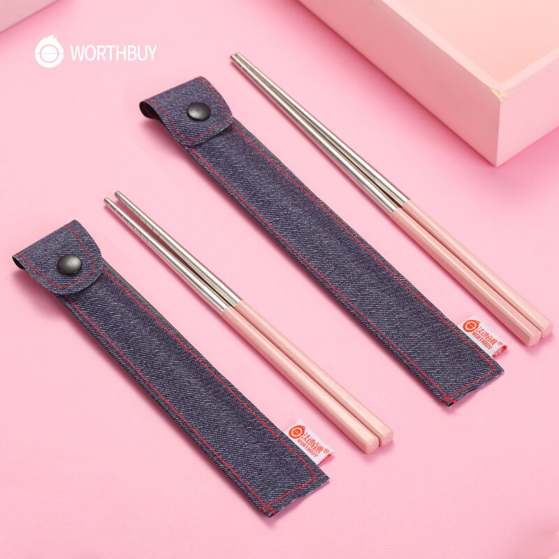 WORTHBUY Chinese Chopsticks Portable Travel Chopsticks 304 Stainless Steel Chop Sticks Wheat Straw Handle Food Stick Sushi Hashi
