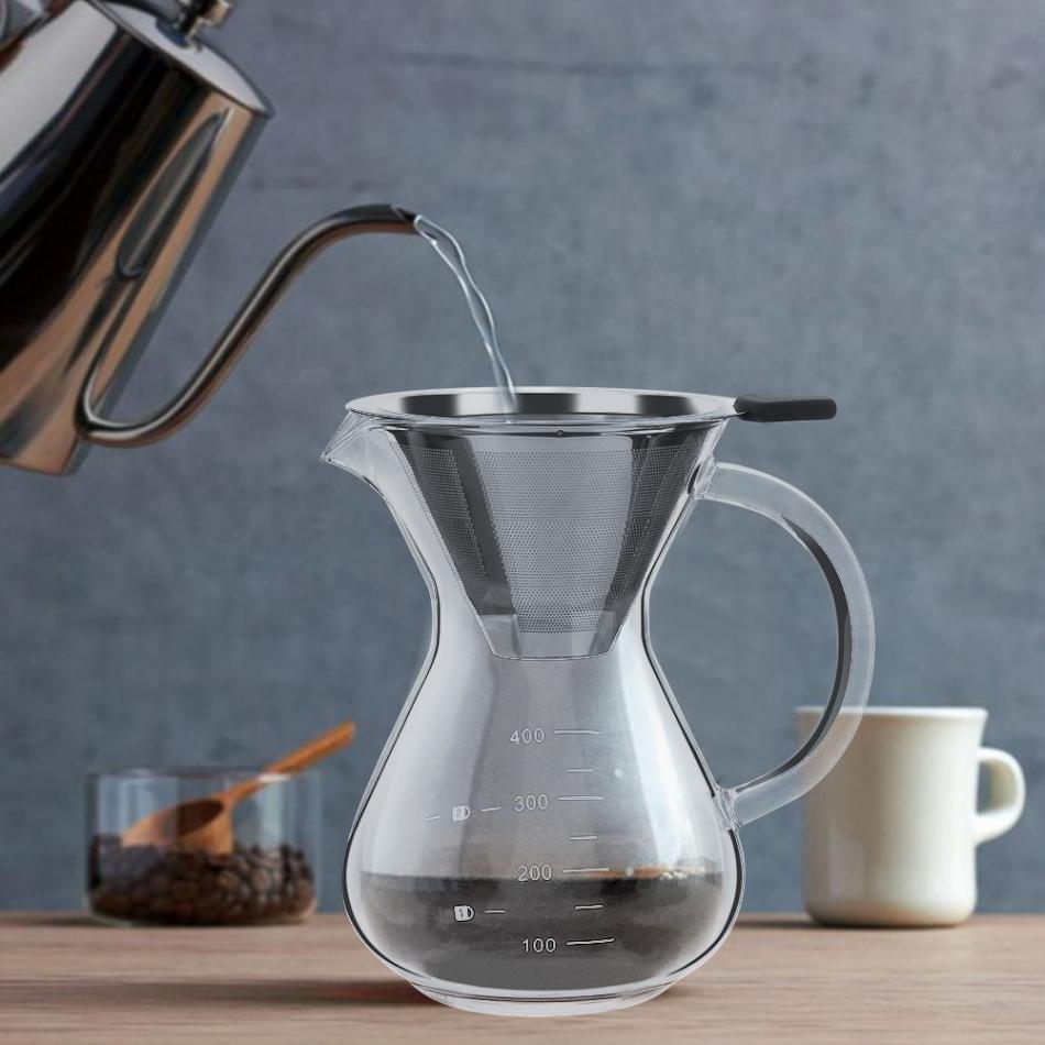 Zerodis 400ml Glass Cup Hand Drip Coffee Kettle Teapot Coffee Stainless Steel Filter Water Pot Kitchen Pots