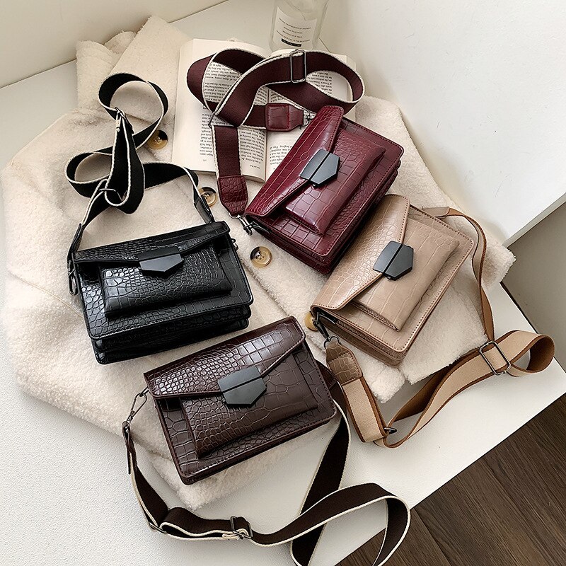 Stone Pattern Handbag Ladies Small Simple Style Shoulder Bag Vintage Wide Shoulder Strap Messenger Bags Wallet