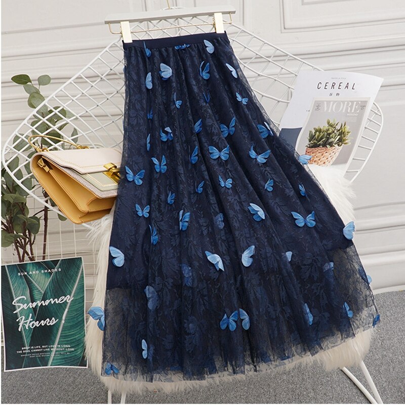 GIGOGOU 3D Schmetterling Frauen Chiffon Röcke Stickerei Floweral Gittergewebe Plissee Felsen 3 Schichten Lange Tüll Ballettröckchen Felsen Jupe Longue