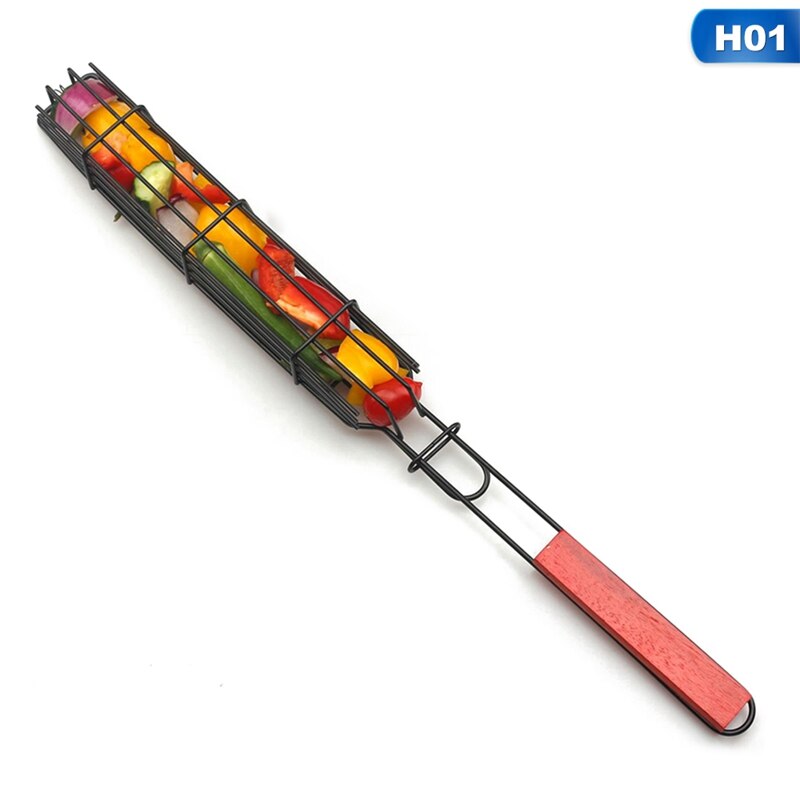 Portable BBQ Grill Basket Handheld Metal Barbecue Tool For sausage Corn sausage With Wood Handle Non-Stick BBQ Holder: H01
