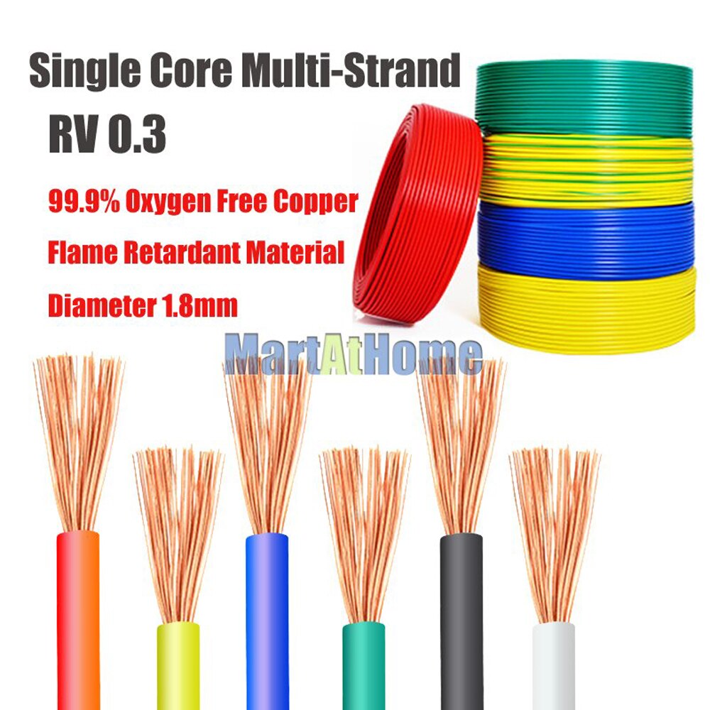 1 Meter RV 0.3 Single Core Multi-strand Cord Wire 99.9% Oxygen-free Copper PVC for DIY Electronic Equipment, Motors, Light