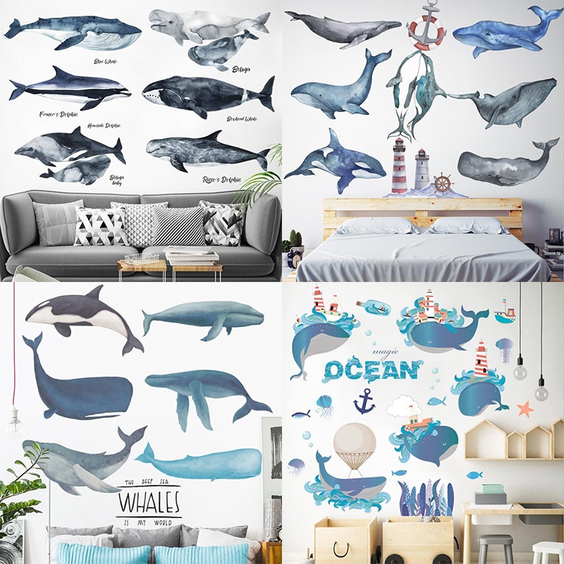 DIY Cartoon Ocean Animals Whale Dolphin Sharks Wall Stickers for Kid's Room Decor Bedroom Bathroom Decoration art Mural Decals